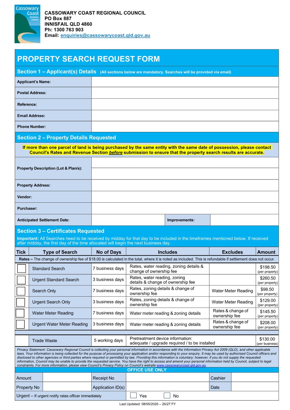 Preview of the first page of Property Search Request Form