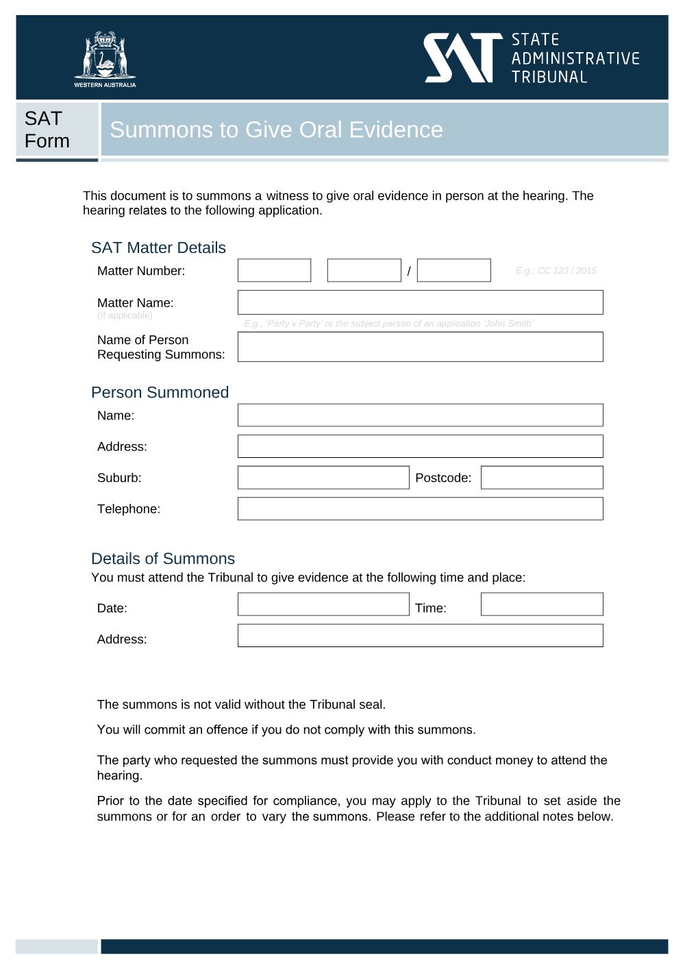 Preview of the first page of Summons to Give Oral Evidence