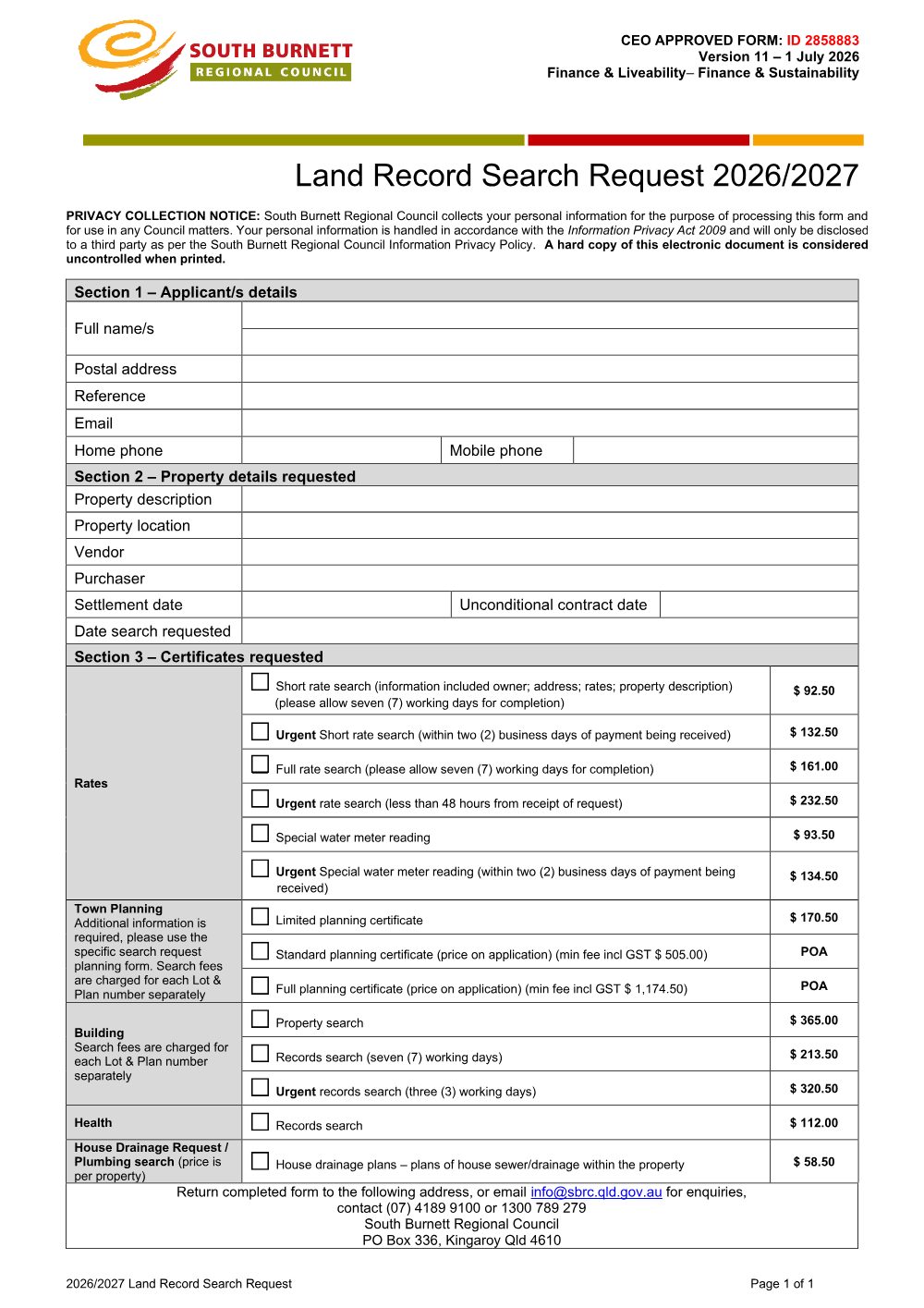 Preview of the first page of Land Record Search Request 2026