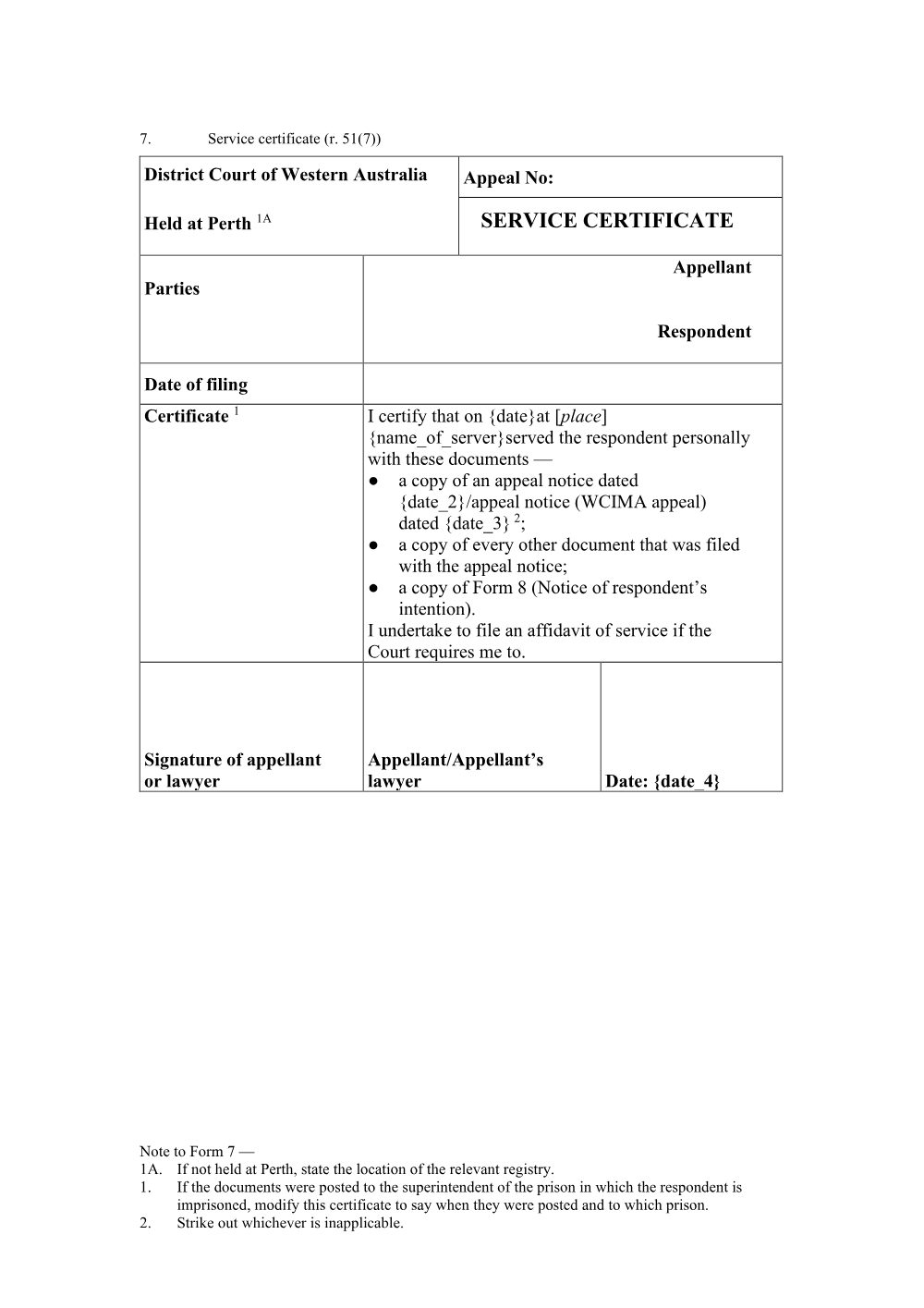 Preview of the first page of Service certificate (Form 7)