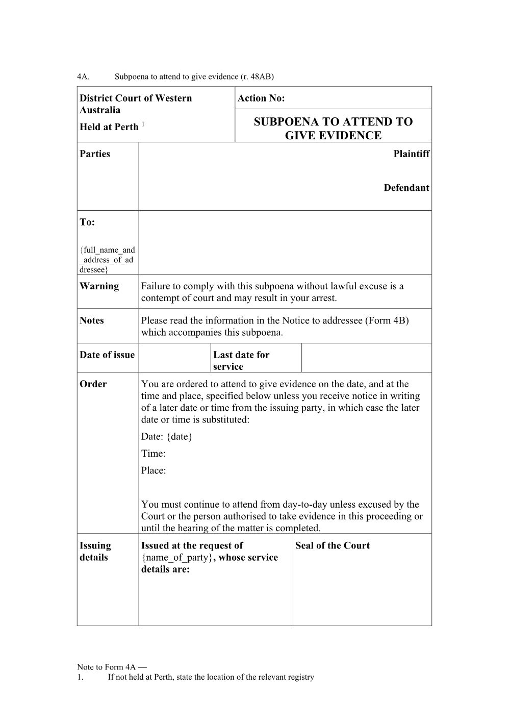 Preview of the first page of Subpoena to give evidence (Form 4A)