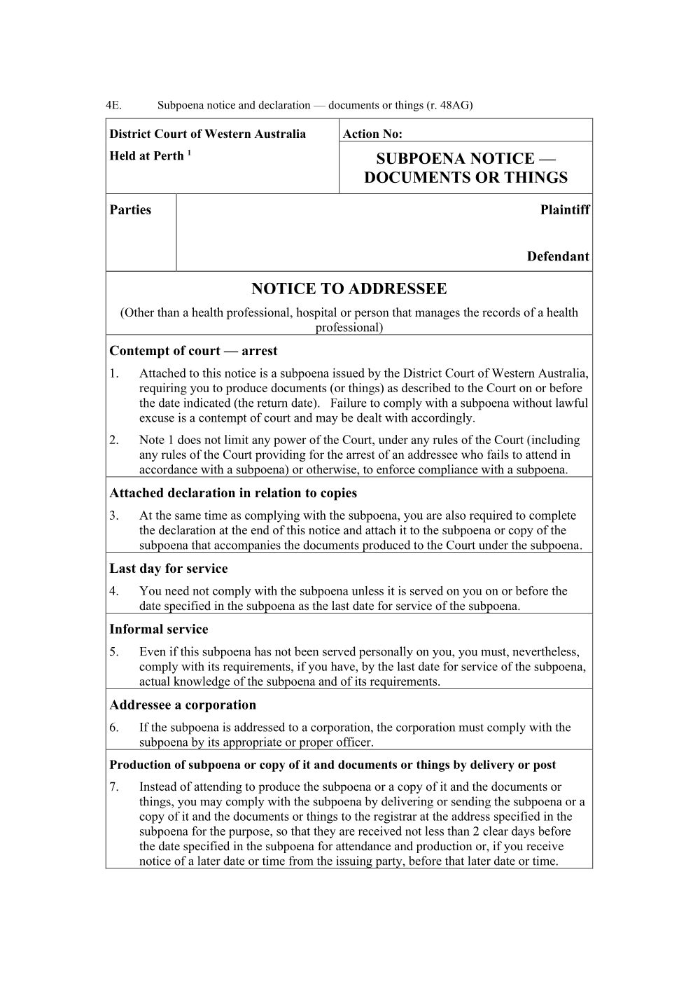 Preview of the first page of Subpoena notice and declaration (Form 4E)