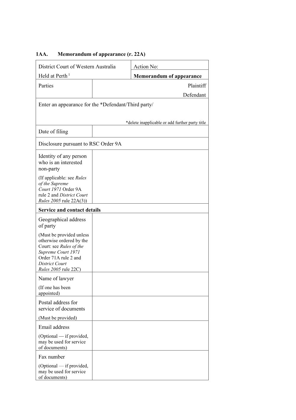 Preview of the first page of Memorandum of Appearance (Form 1AA)