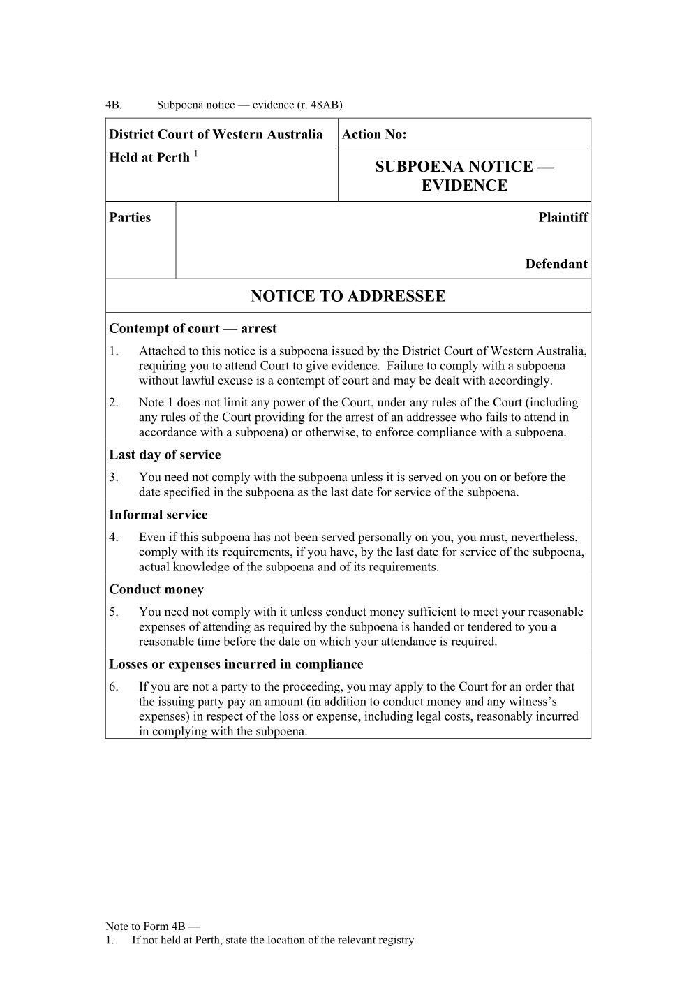 Preview of the first page of Subpoena notice - evidence (Form 4B)