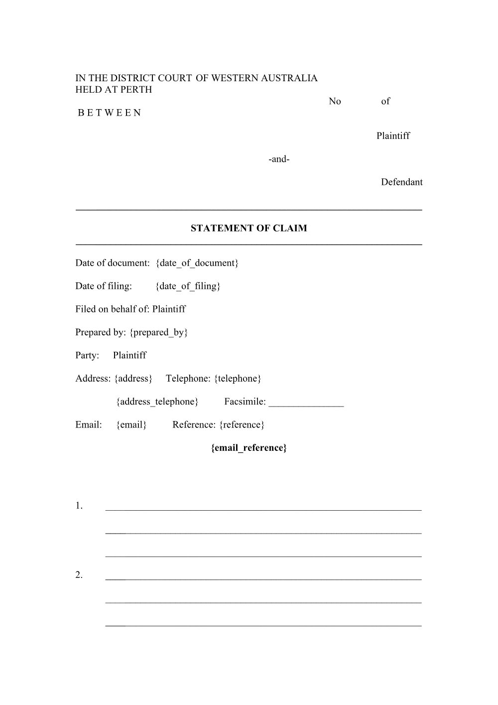 Preview of the first page of Statement of Claim