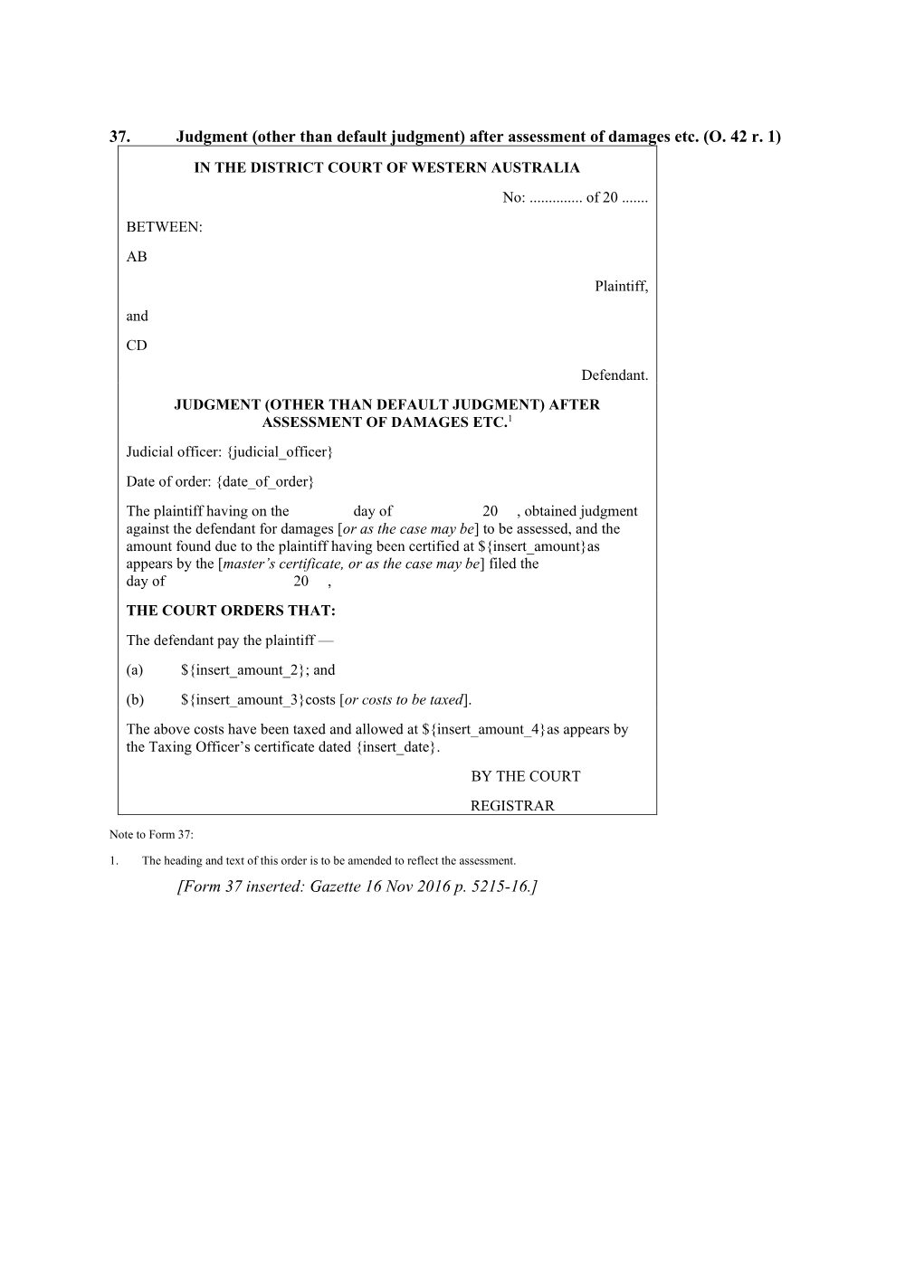 Preview of the first page of Judgment (other than default judgment) after assessment of damages etc. (Form 37)