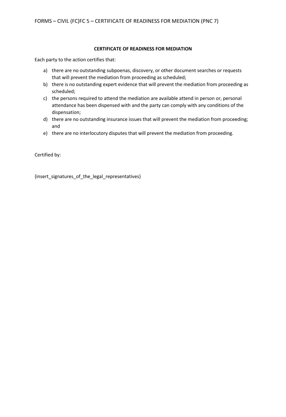 Preview of the first page of Mediation - Certificate of Readiness (FC 5)