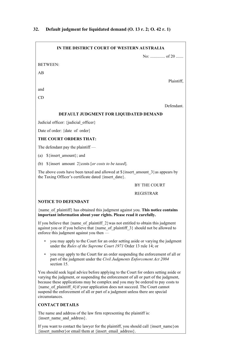 Preview of the first page of Default judgment for liquidated demand (Form 32)
