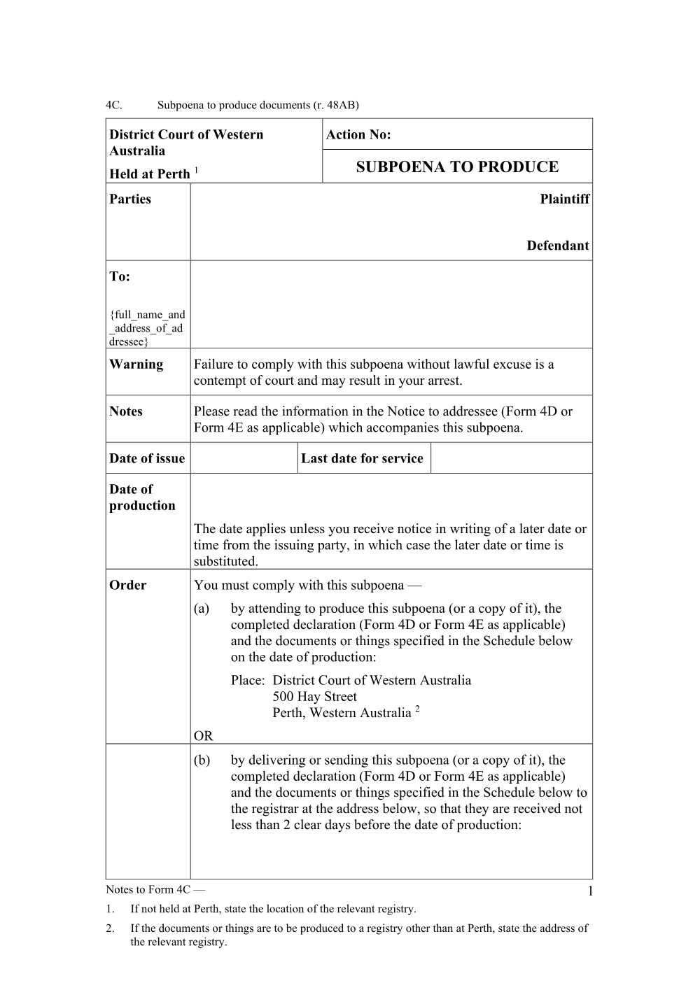 Preview of the first page of Subpoena to produce documents (Form 4C)