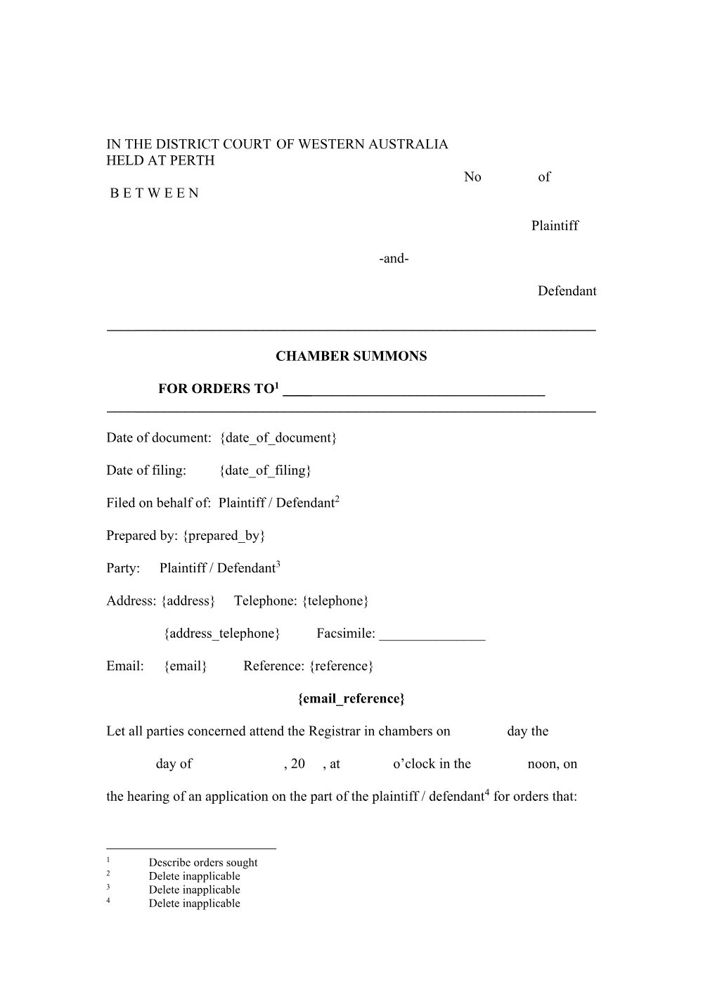 Preview of the first page of Chamber Summons