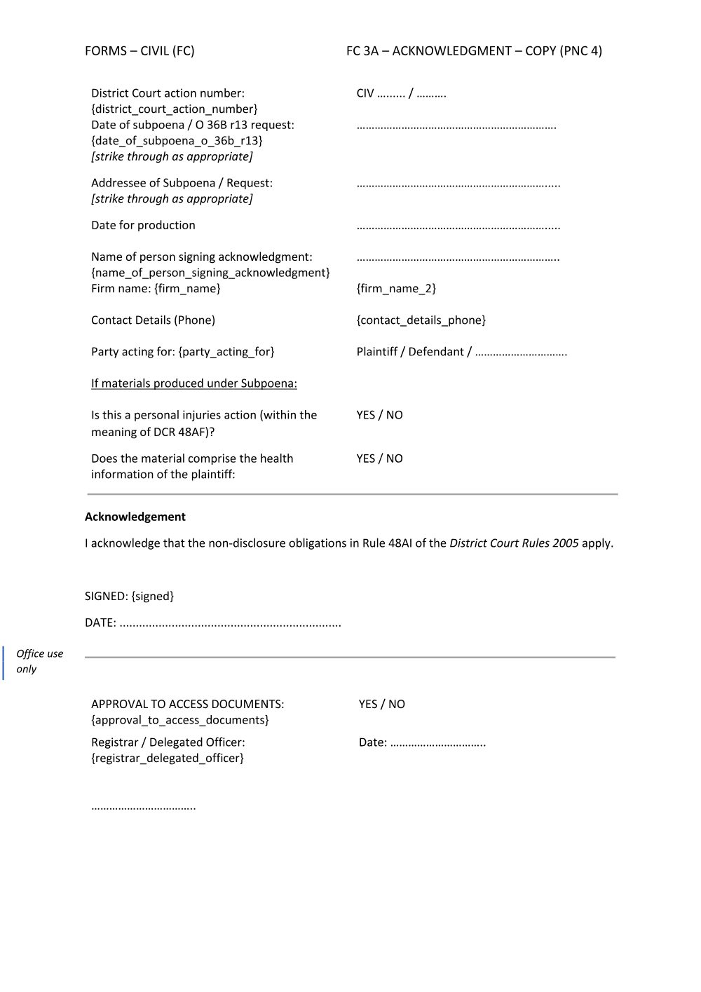 Preview of the first page of Subpoena Acknowledgment - Copy (FC 3A)