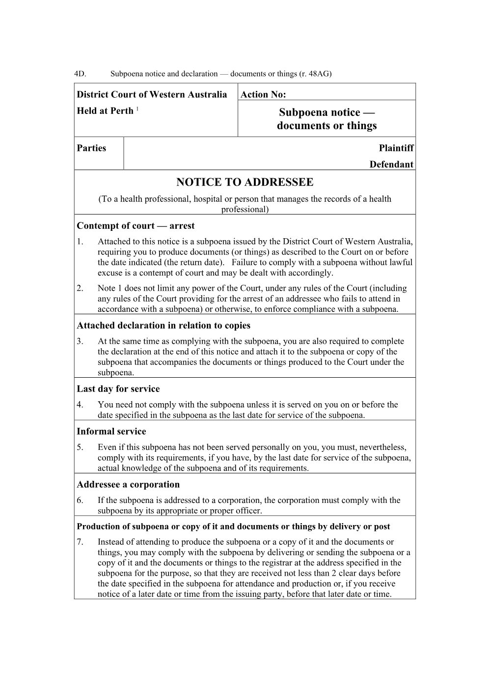Preview of the first page of Subpoena notice and declaration - health professionals and hospital (Form 4D)