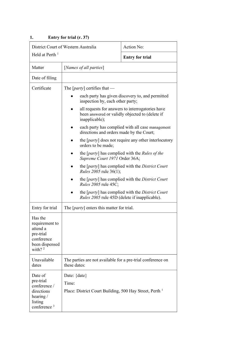 Preview of the first page of Entry for Trial (Form 1)