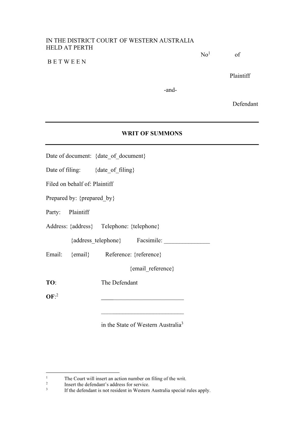 Preview of the first page of Writ of Summons
