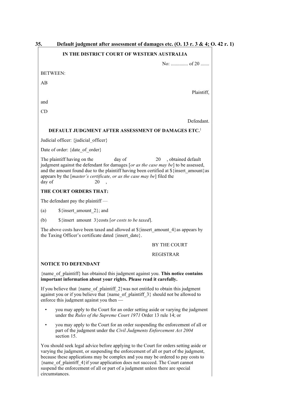 Preview of the first page of Default judgment after assessment of damages etc. (Form 35)