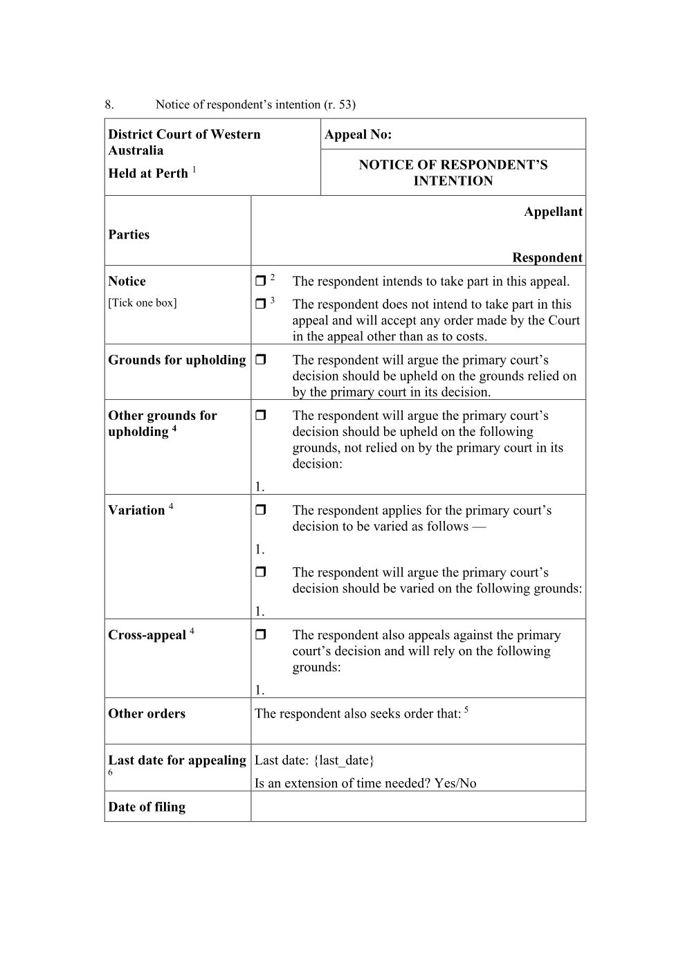 Preview of the first page of Notice of respondent's intention (Form 8)