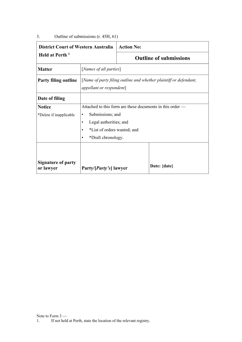 Preview of the first page of Outline of Submissions (Form 3)
