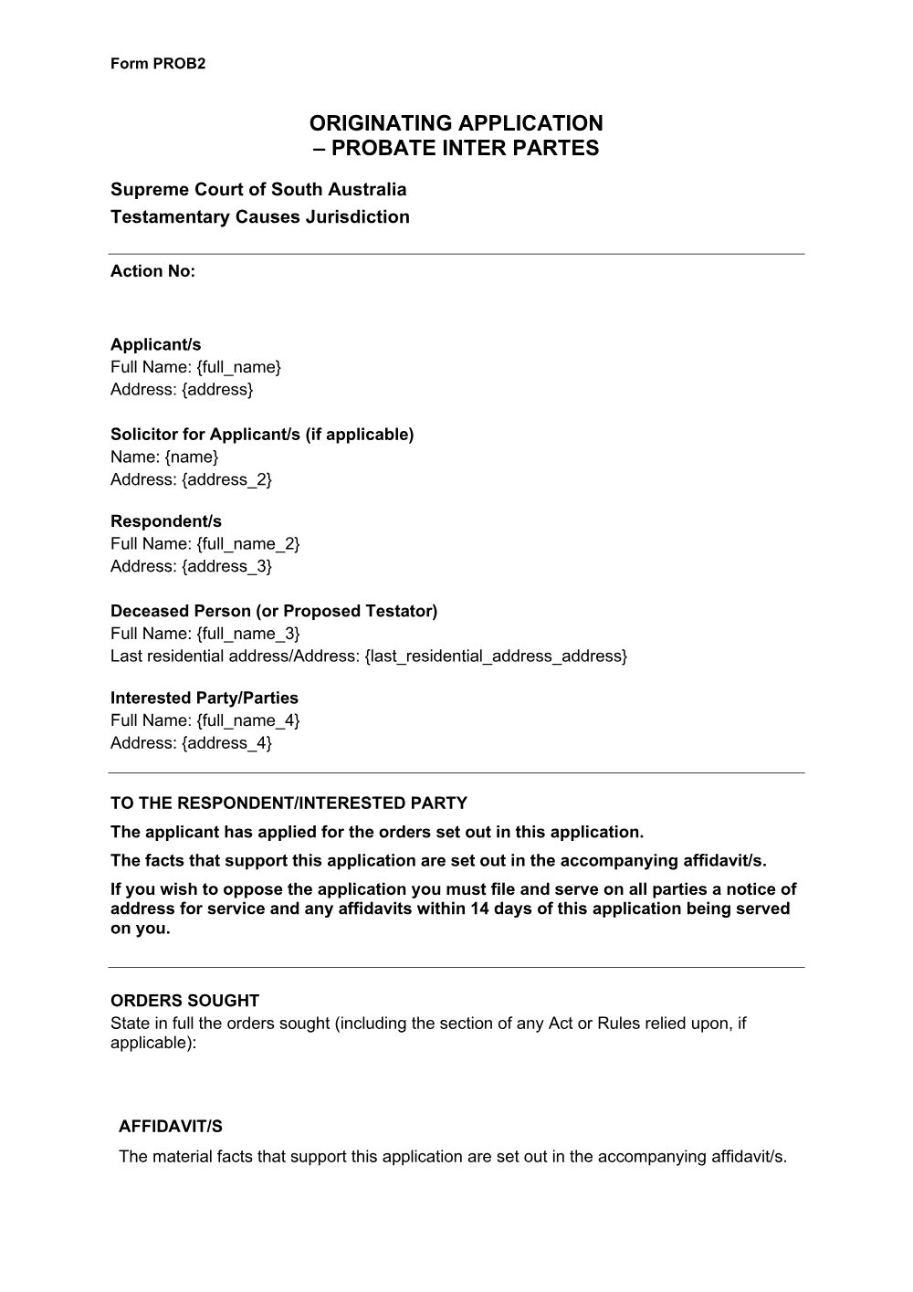 Preview of the first page of Originating Application - Probate Inter Partes (Form PROB2)