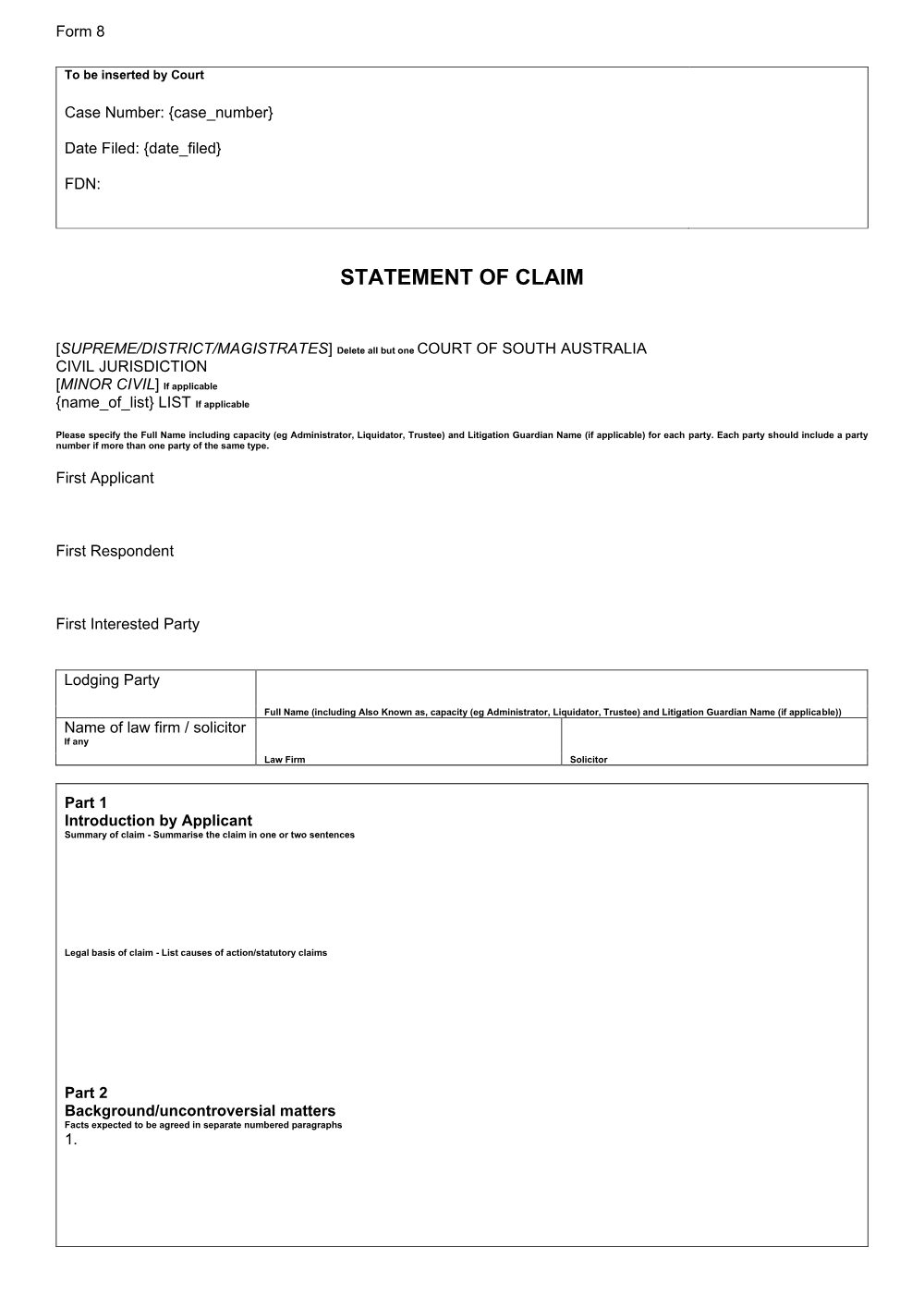 Preview of the first page of Statement of Claim Standalone (Form 8)