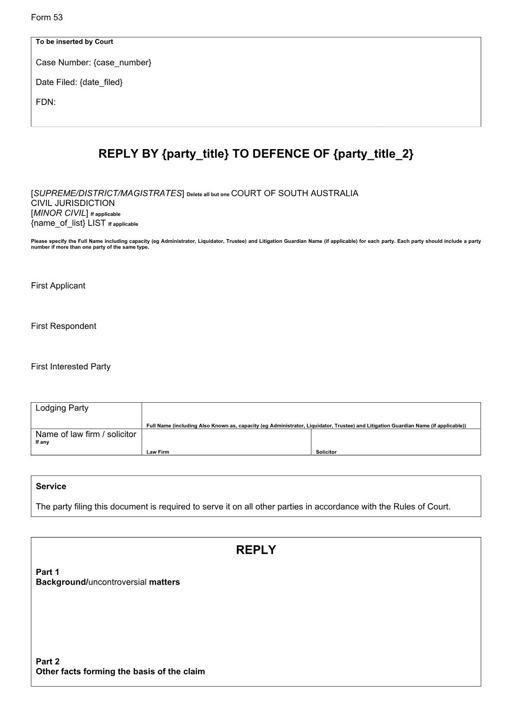 Preview of the first page of Reply (Form 53)