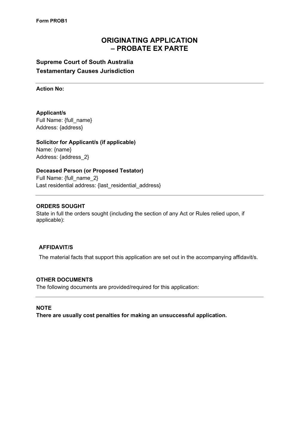 Preview of the first page of Originating Application - Probate Ex Parte (Form PROB1)