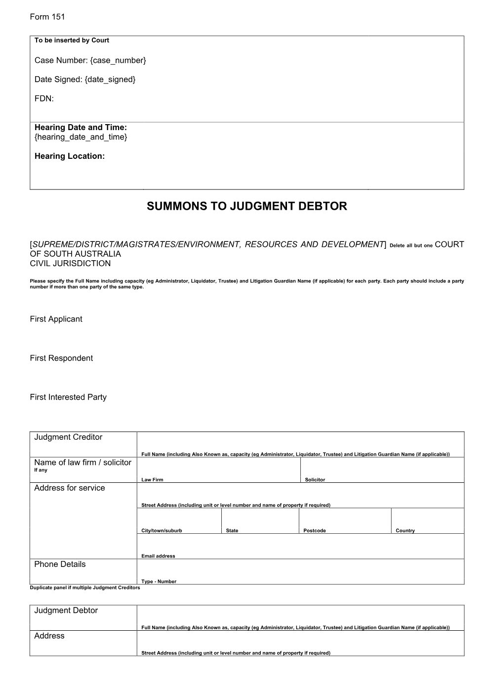 Preview of the first page of Summons to judgment debtor (Form 151)
