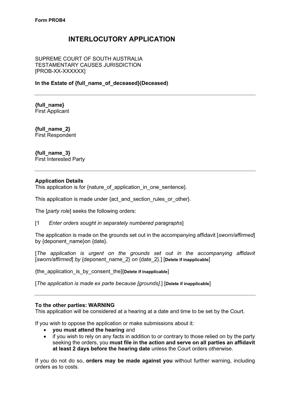 Preview of the first page of Interlocutory Application (Form PROB4)
