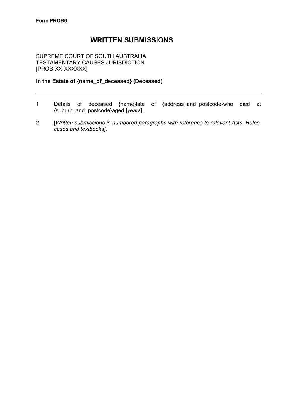 Preview of the first page of Written Submissions (Form PROB6)