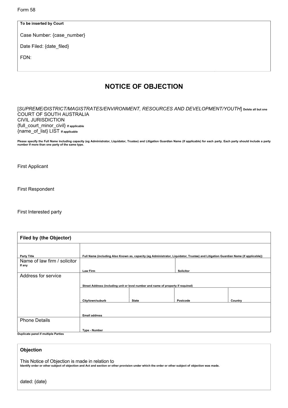Preview of the first page of Notice of Objection (Form 58)