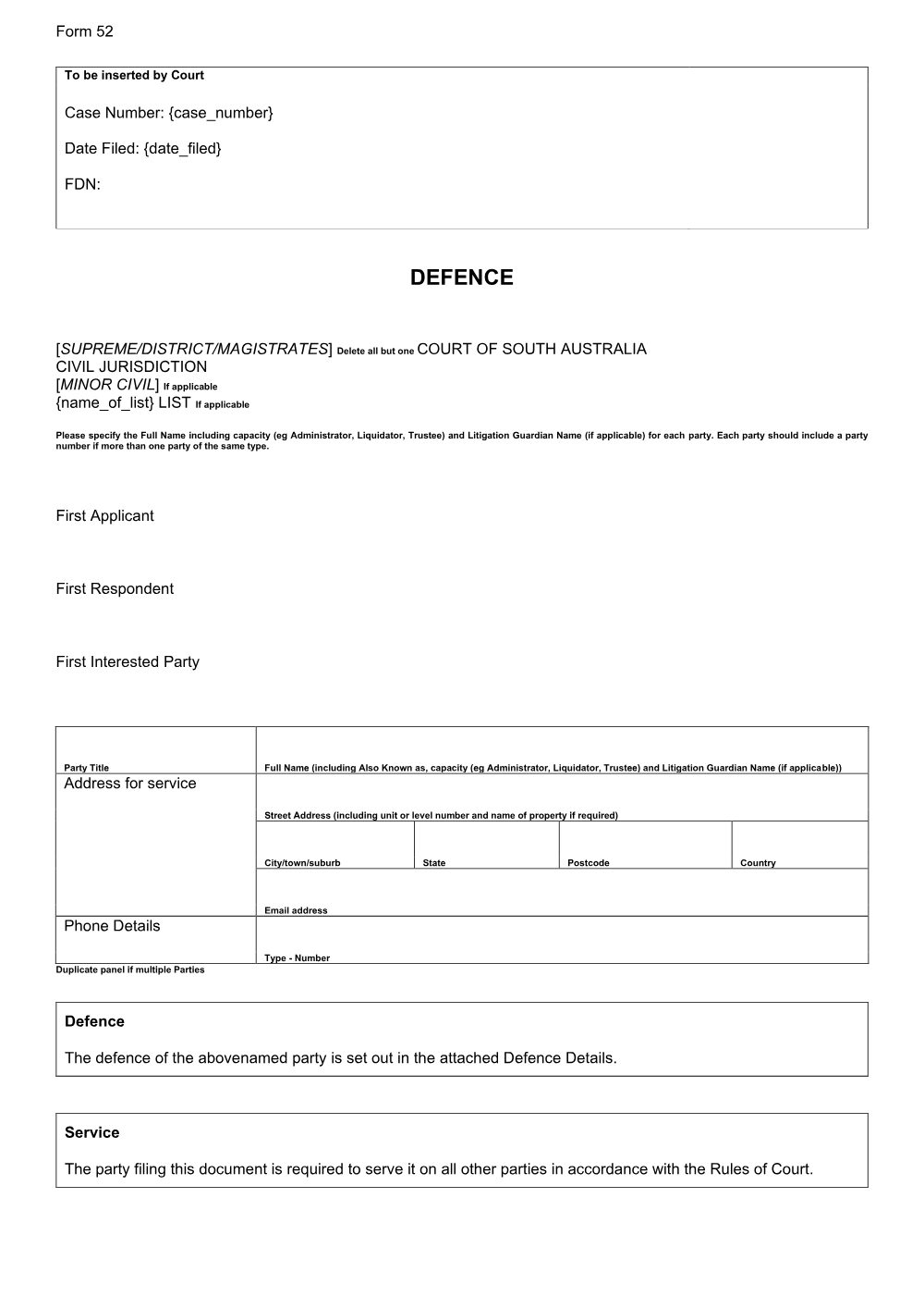 Preview of the first page of Defence - Standalone (Form 52)