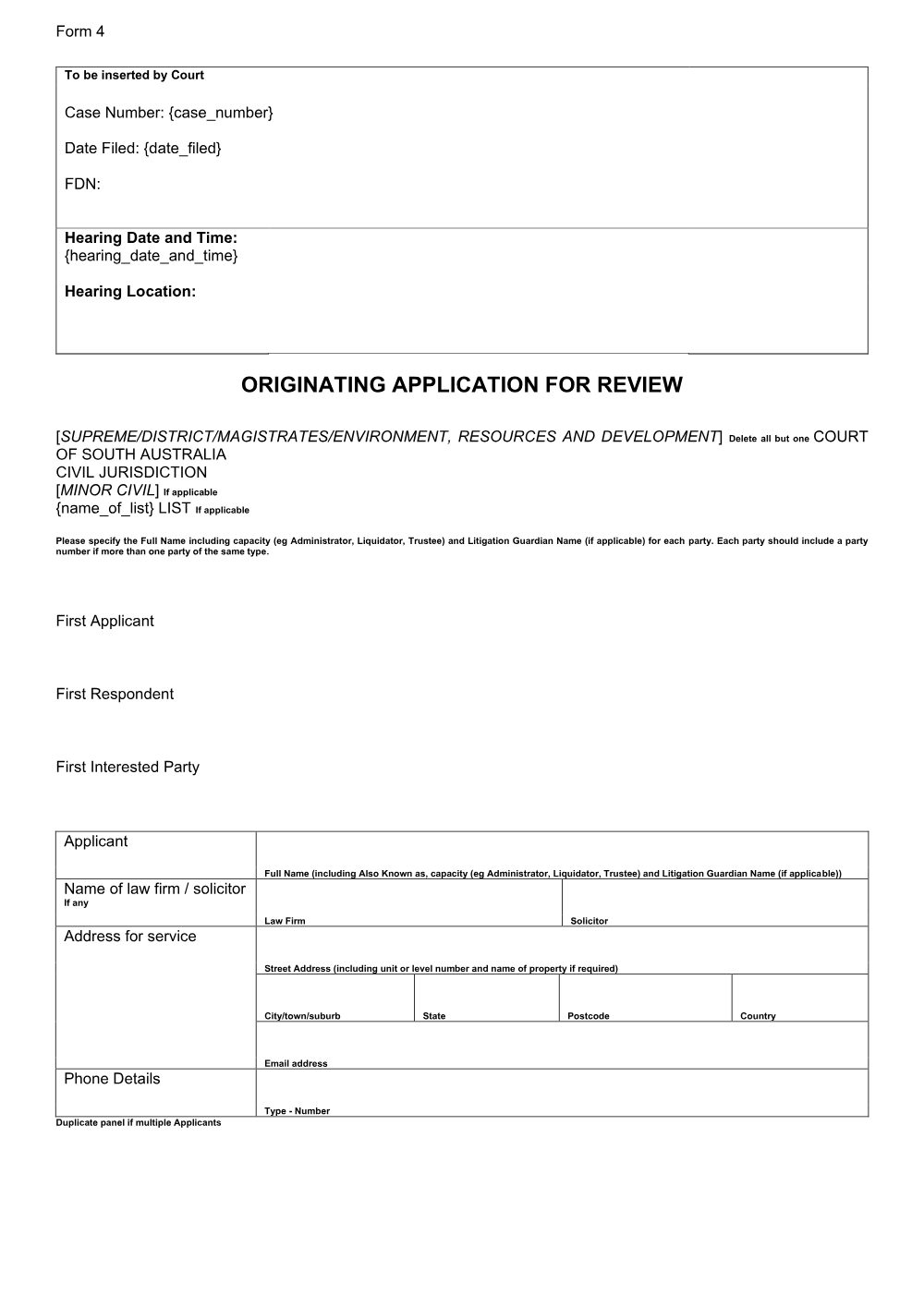 Preview of the first page of Originating Application for Review (Form 4)