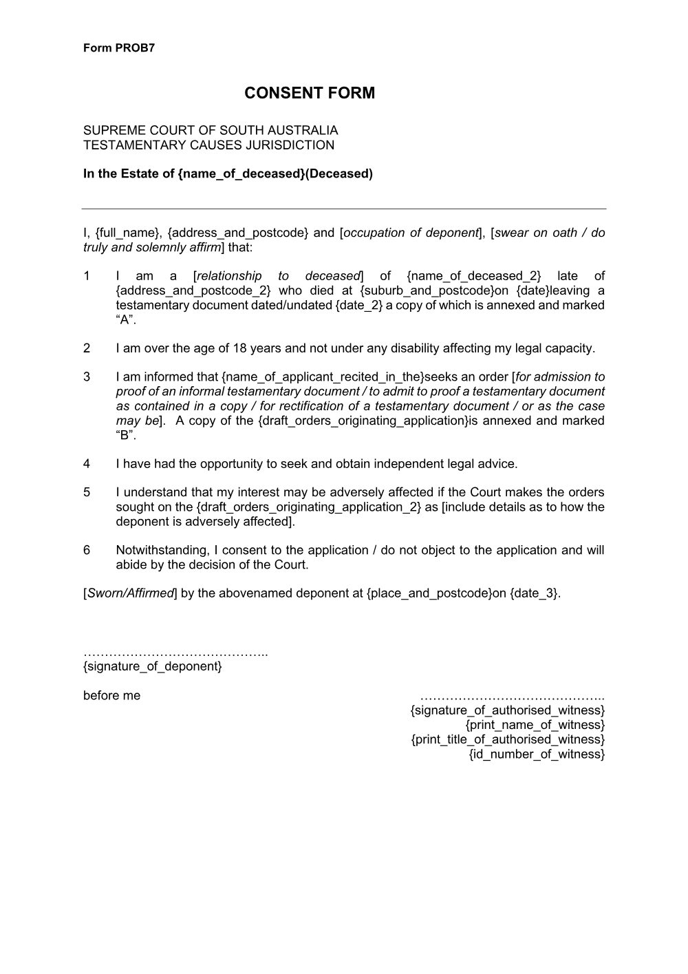 Preview of the first page of Consent Form (Form PROB7)
