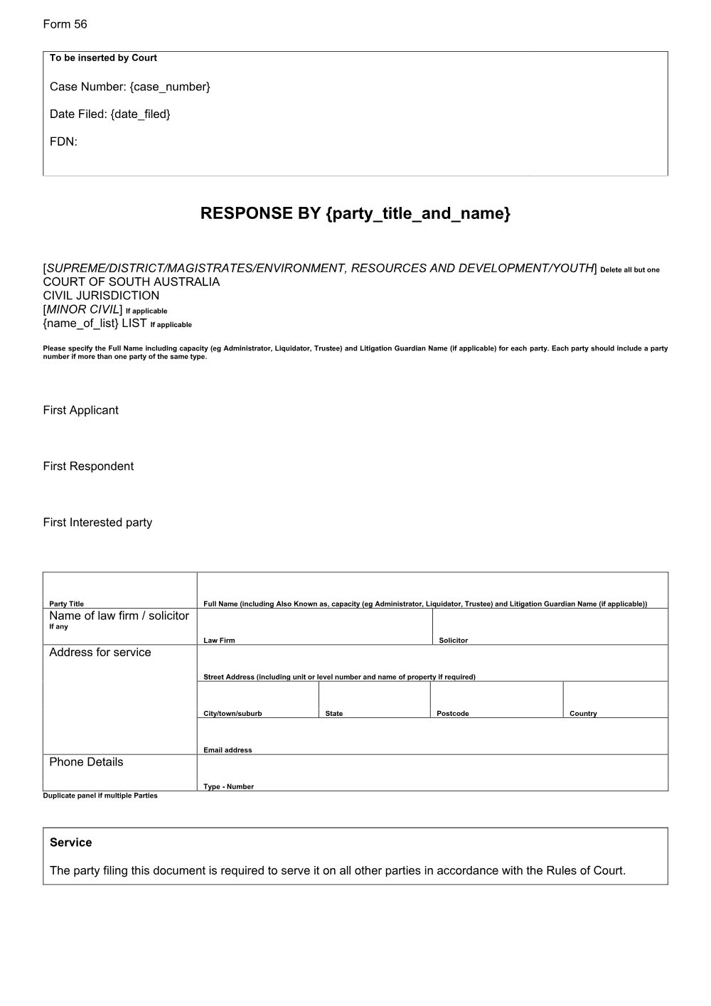 Preview of the first page of Response (Form 56)