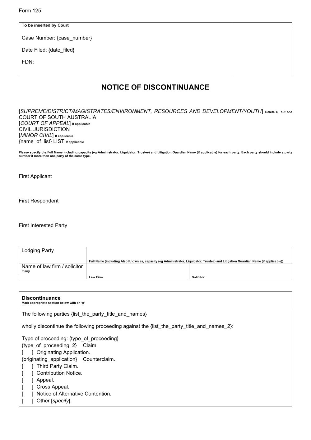 Preview of the first page of Notice of Discontinuance (Form 125)