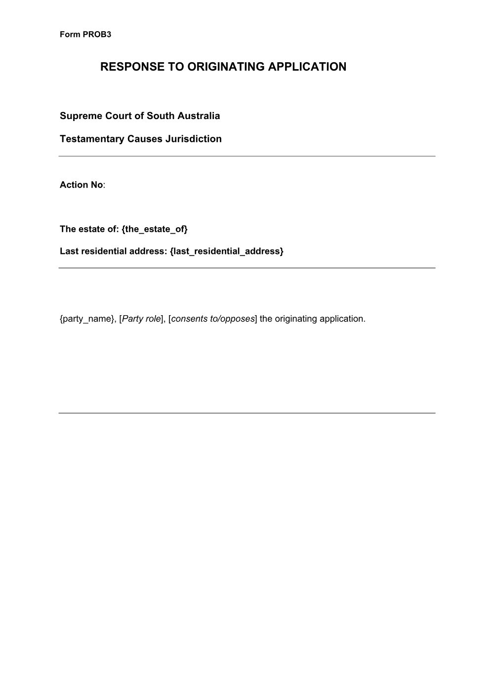 Preview of the first page of Response to Originating Application (Form PROB3)