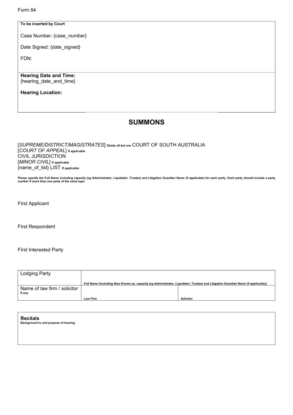 Preview of the first page of Summons (Form 84)