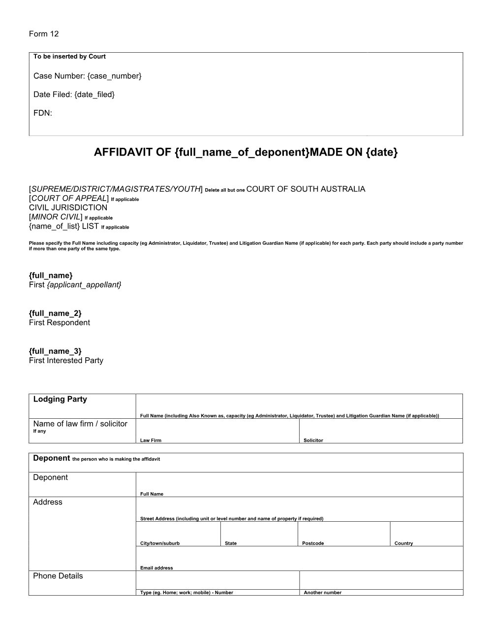 Preview of the first page of Affidavit (Form 12)