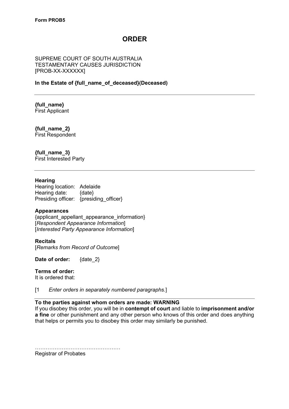 Preview of the first page of Order (Form PROB5)