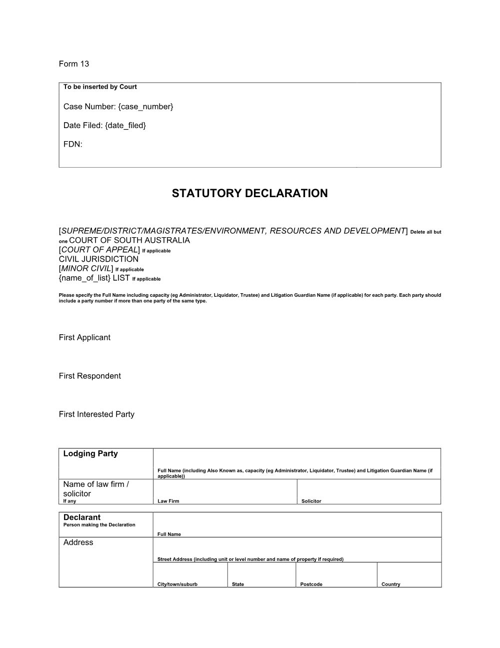 Preview of the first page of Statutory Declaration (Form 13)