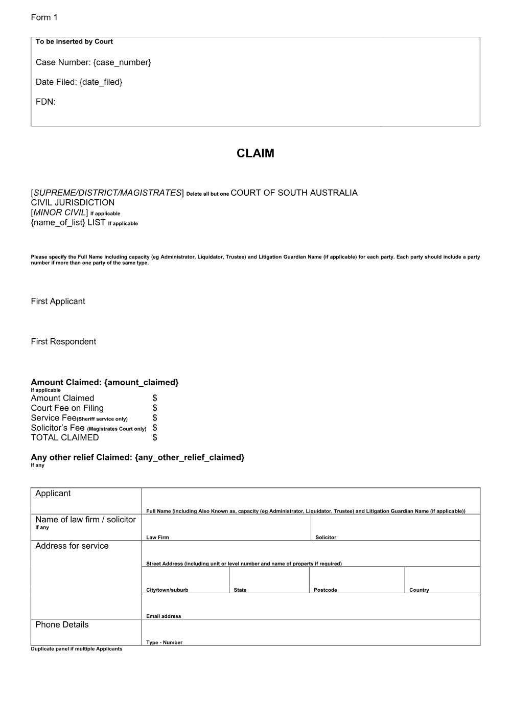 Preview of the first page of Claim (Form 1)