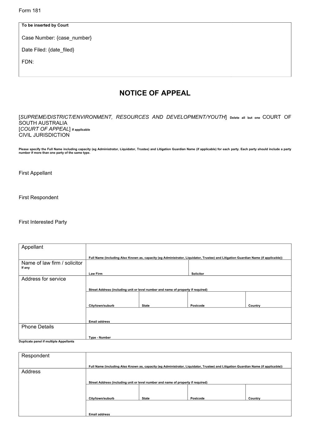 Preview of the first page of Notice of Appeal (Form 181)