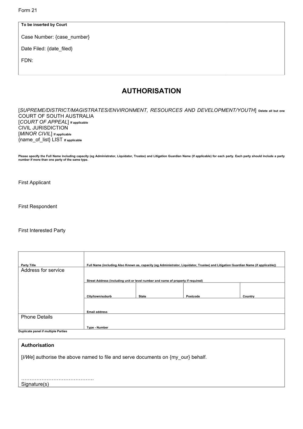 Preview of the first page of Authorisation (Form 21)