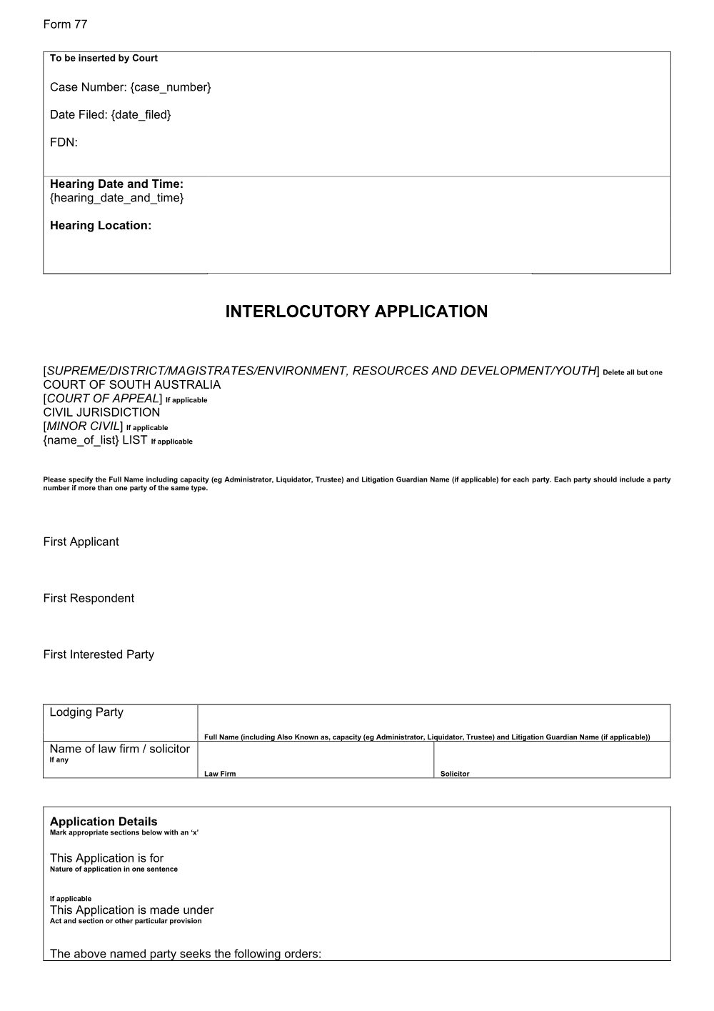 Preview of the first page of Interlocutory Application (Form 77)