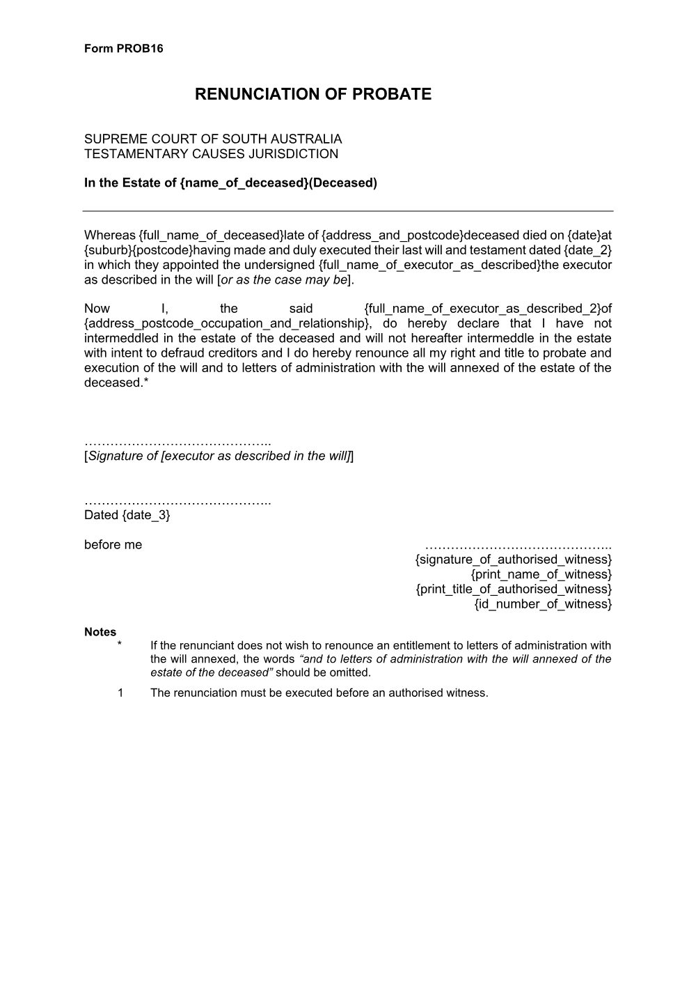 Preview of the first page of Renunciation of Probate (Form PROB16)
