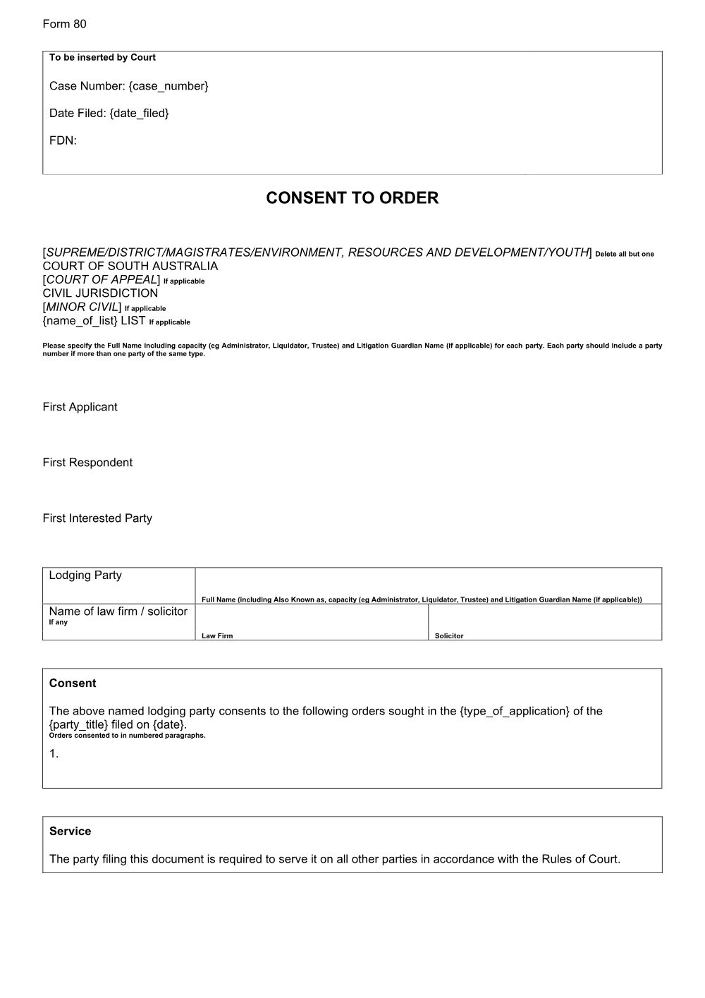 Preview of the first page of Consent to Order (Form 80)
