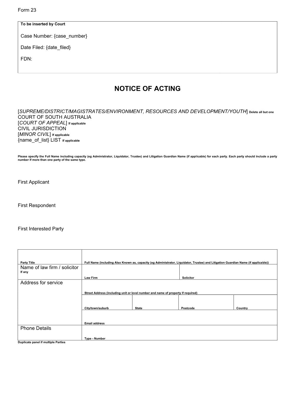 Preview of the first page of Notice of Acting (Form 23)