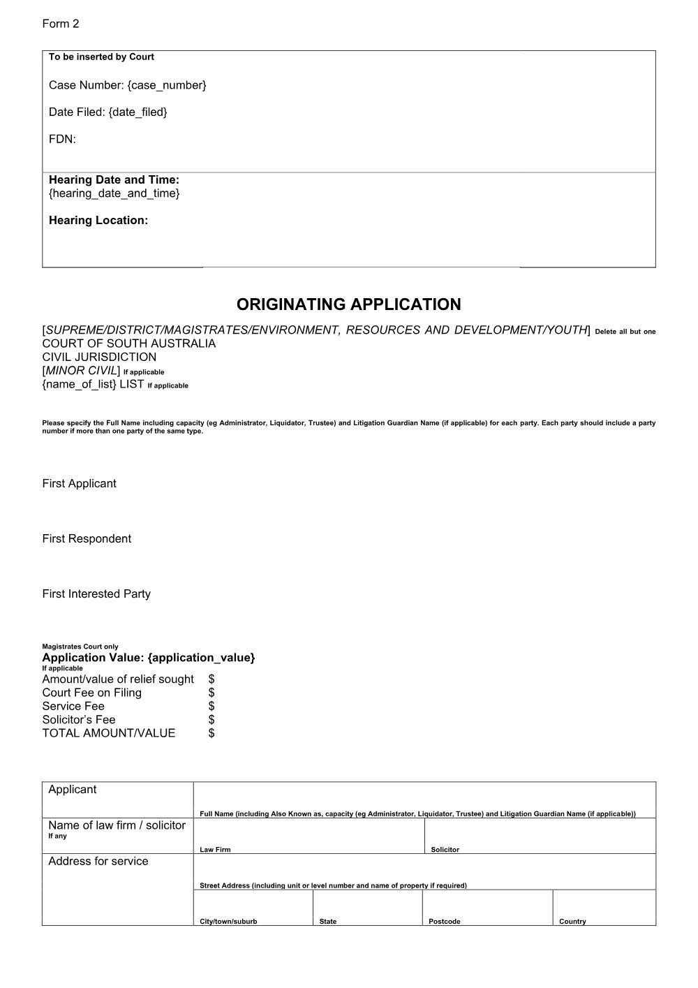 Preview of the first page of Originating Application (Form 2)