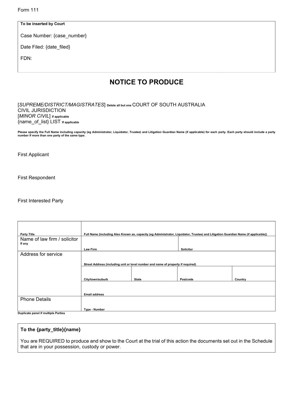 Preview of the first page of Notice to Produce (Form 111)