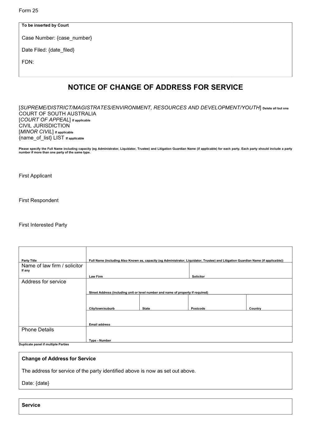 Preview of the first page of Notice of Change of Address for Service (Form 25)