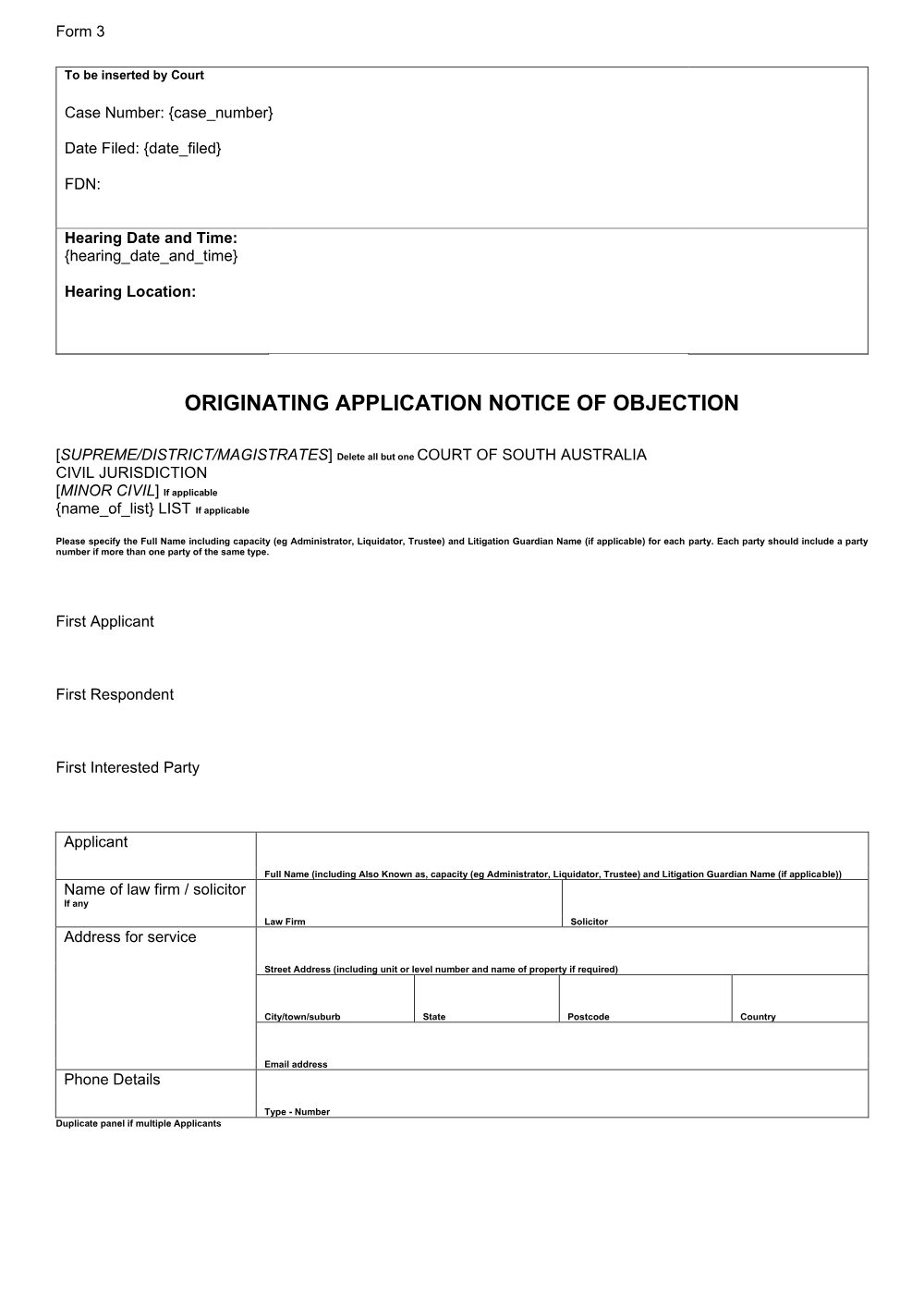 Preview of the first page of Originating Application - Notice of Objection (Form 3)